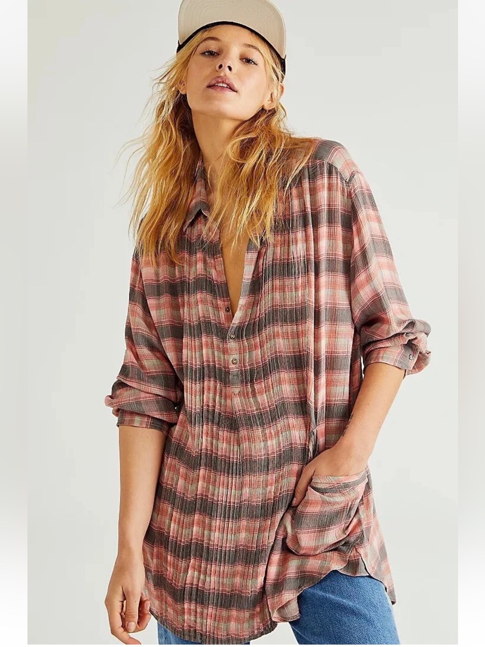 Free People One Waverly Plaid Pink and Gray Henley Tunic